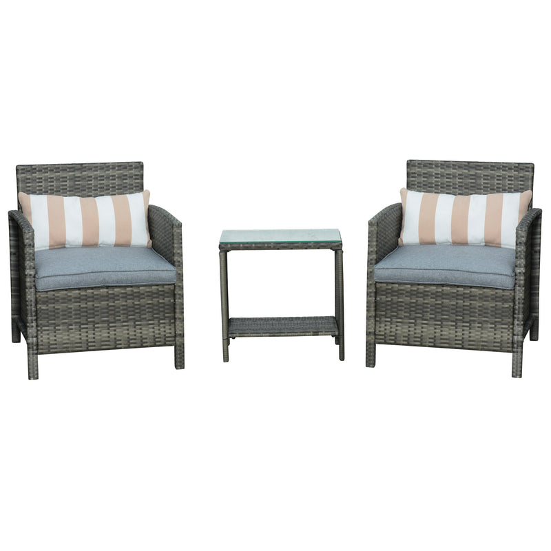 Outsunny 3 PC Outdoor Rattan Sofa Set w/ Chairs Coffee Table Cushion Grey