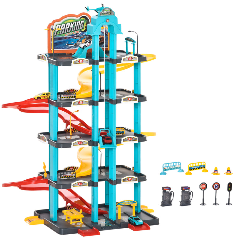 HOMCOM 5-Level Car Parking Garage Toy Race Tracks Car Ramp Set Toddler Car Game