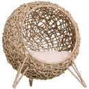PawHut Wicker Cat House, Ball-Shaped Rattan Raised Cat Bed - Natural Wood Finish