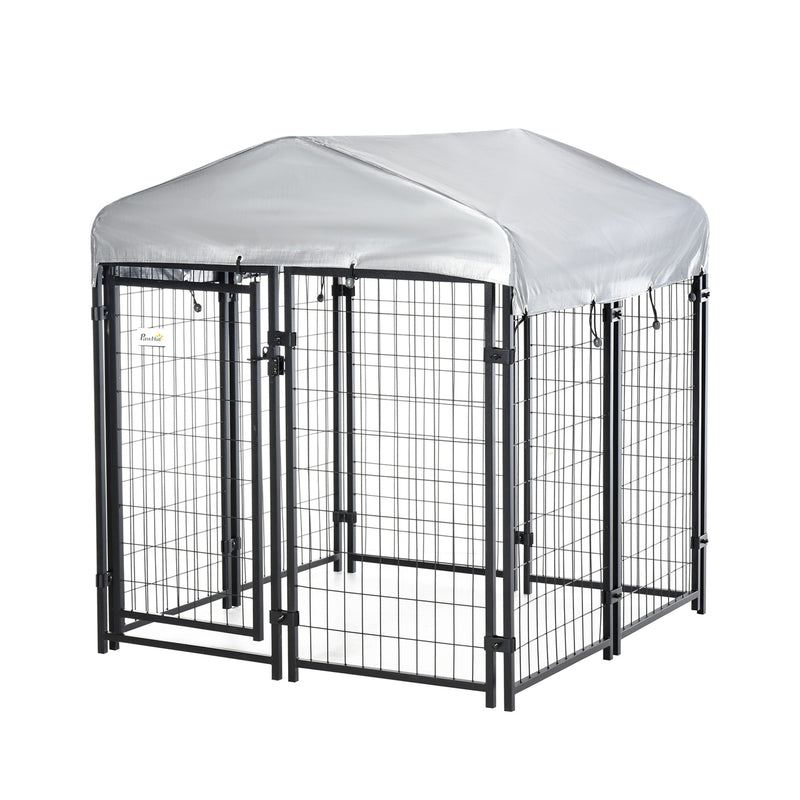 PawHut Outdoor Dog Kennel, Metal Dog Run with Canopy, 120 x 120 x 138cm