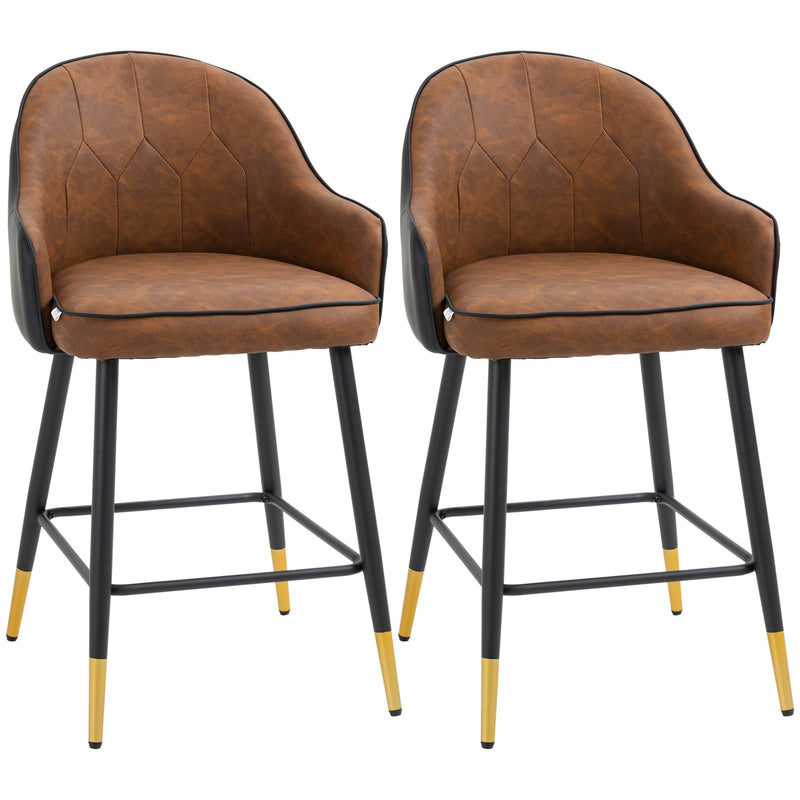 HOMCOM Modern Bar Stools Set of 2, PU Leather Bar Chairs with Steel Legs, Brown
