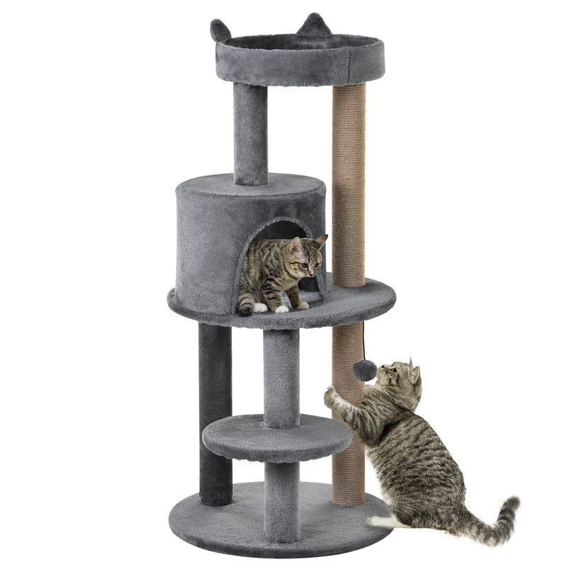 PawHut 4 Tiers 104cm Cat Tree W/ Scratching Posts Perches  Hanging Ball, Beige