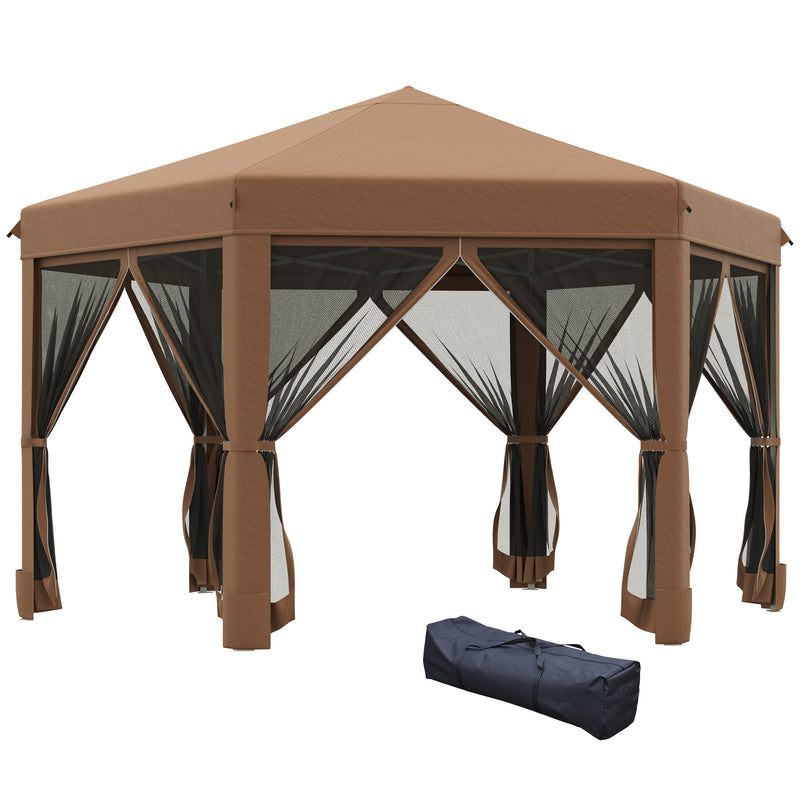 Outsunny 3.2m Pop Up Gazebo Hexagonal Canopy Tent Outdoor w/Sidewalls Brown