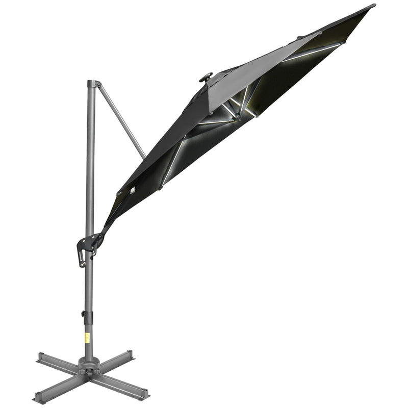 Outsunny 3m Solar LED Cantilever Parasol Adjustable Garden Umbrella Dark Grey