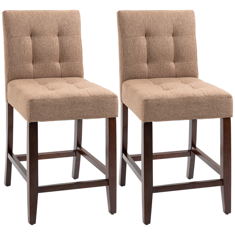 HOMCOM Modern Fabric Bar Stools Set of 2 Bar Chairs with Back Wood Legs Brown