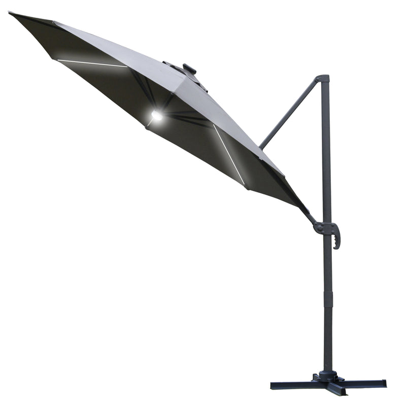 Outsunny 3(m) LED Cantilever Parasol Outdoor with Base Solar Lights Grey