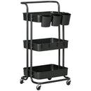 HOMCOM 3-Tier Utility Cart, Rolling Serving Trolley with Baskets and Hooks