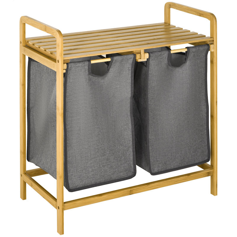 HOMCOM Bamboo Laundry Basket with Shelf Pull-out Bags for Bedroom Laundry Room