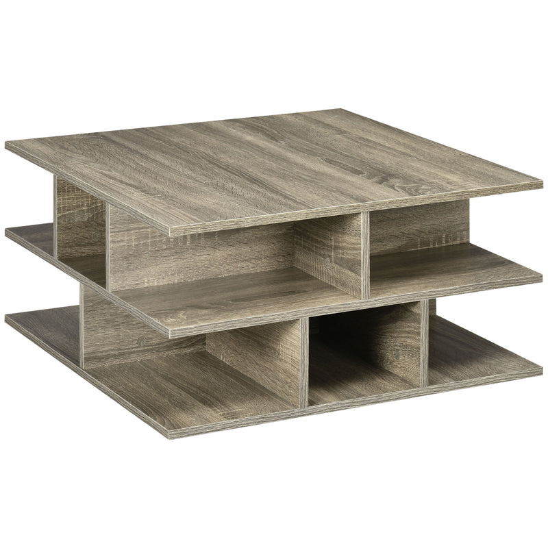 HOMCOM Square Modern 2-Tier Coffee Table with Multiple Storage Shelves Grey