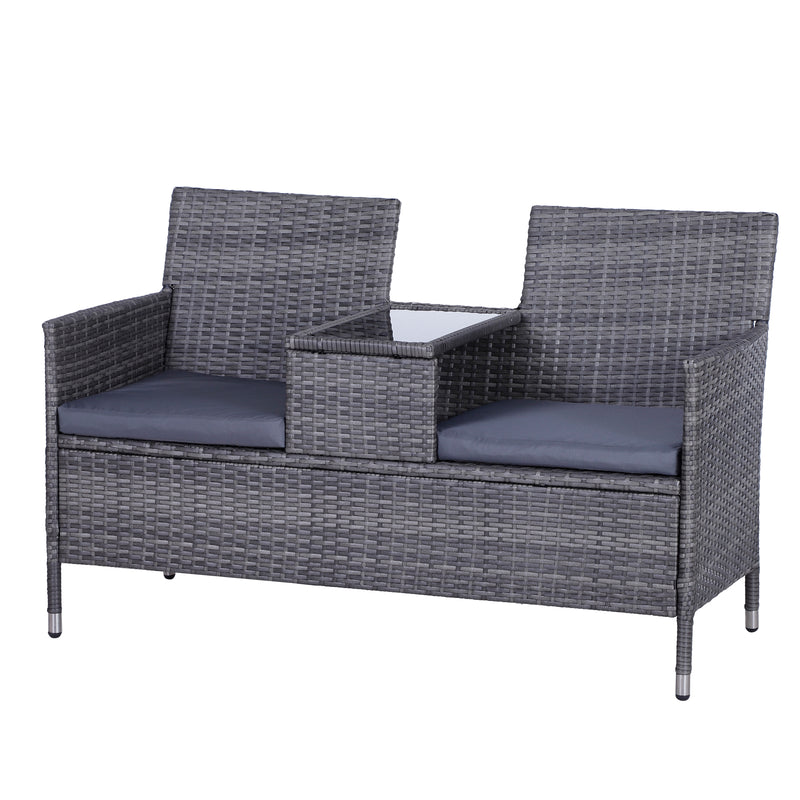 Outsunny Rattan Garden Bench w/ Centre Table 2-Seater -  Grey