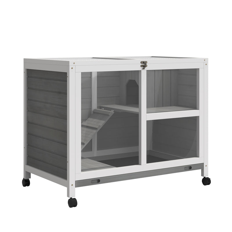 PawHut Wood Rabbit Hutch Bunny Cage Pet House Indoor W/ Tray Ramp, Grey