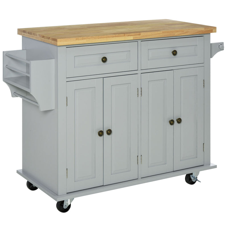 HOMCOM Rolling Kitchen Island Cart with Rubber Wood Top, Spices, and Towel Rack