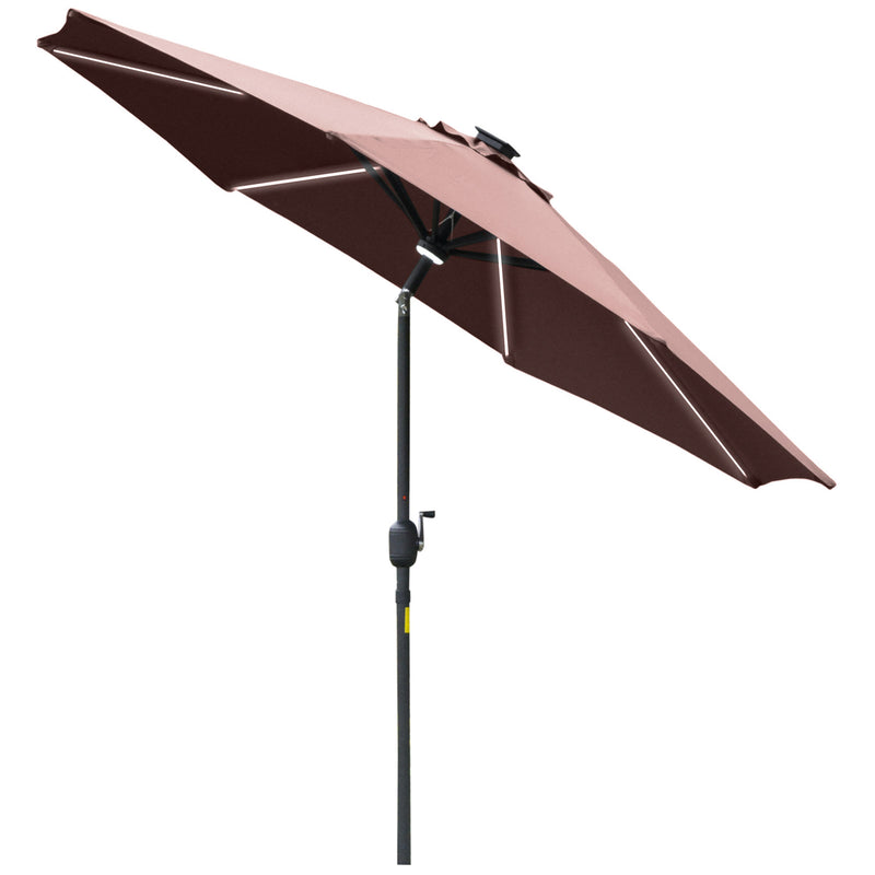 Outsunny 2.7m Garden Parasol Summer Shelter w/ LED Solar Light Crank Tilt Coffee