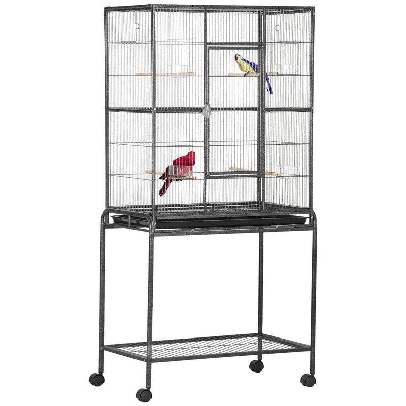 PawHut Rolling Bird Cage w/ Detachable stand Storage Shelf  Wood Perch Food Cup