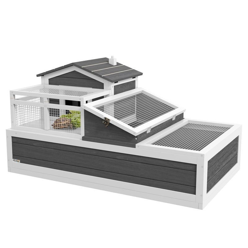 PawHut Wooden Tortoise House Indoor Outdoor w/ Balcony, Tray, Openable Roof