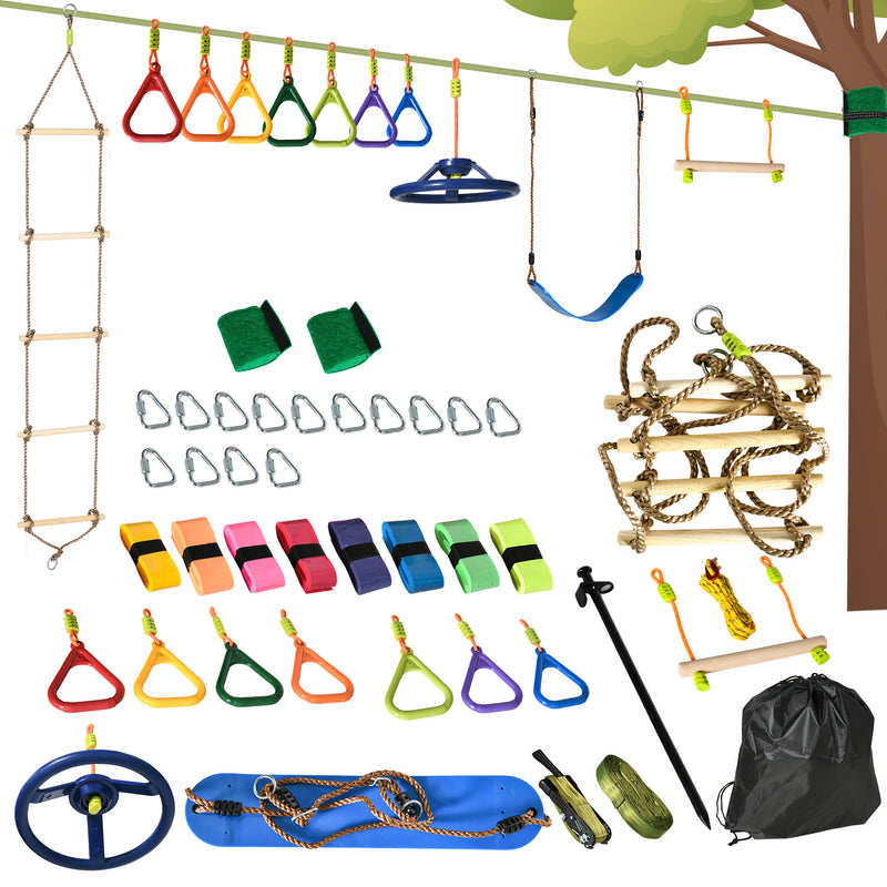 Outsunny Ninja Obstacle Course w/ Monkey Bar, Gym Ring, Climbing Rope, Ladder