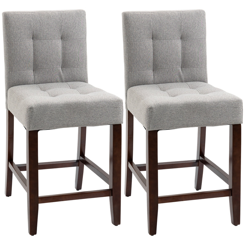 HOMCOM Modern Fabric Bar Stools Set of 2 Bar Chairs with Back Wood Legs Grey