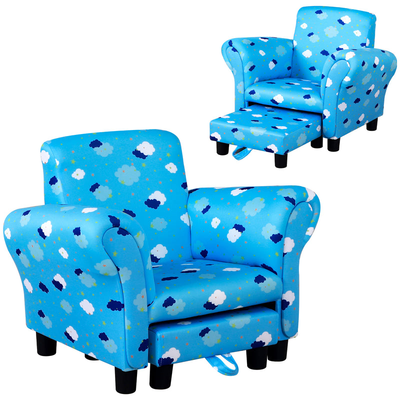 HOMCOM Cute Cloud Star Child Armchair Seat Wood Frame w/ Footrest Padding Blue