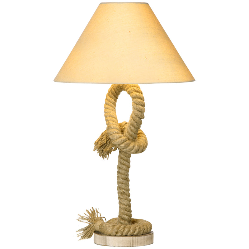 HOMCOM Farmhouse Table Lamp with Fabric Lampshade Twisted Hemp Rope for Study
