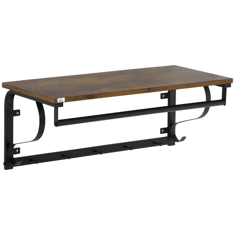 HOMCOM Floating Shelf Wall Mounted Shelf with 5 Hooks and Hanging Rod Brown