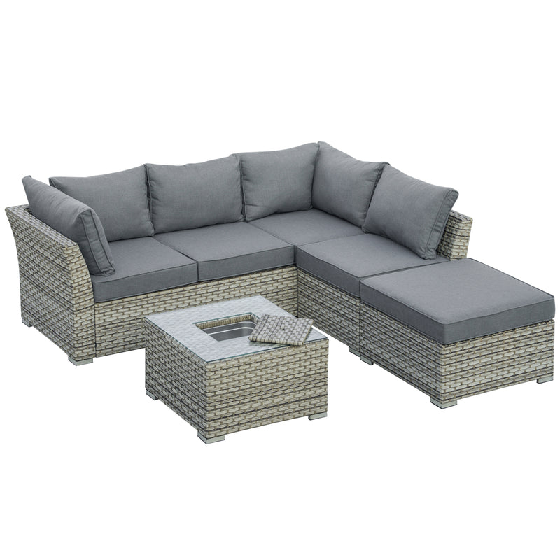 Outsunny Rattan Corner Sofa Set with Table & Ice Bucket - Light Grey