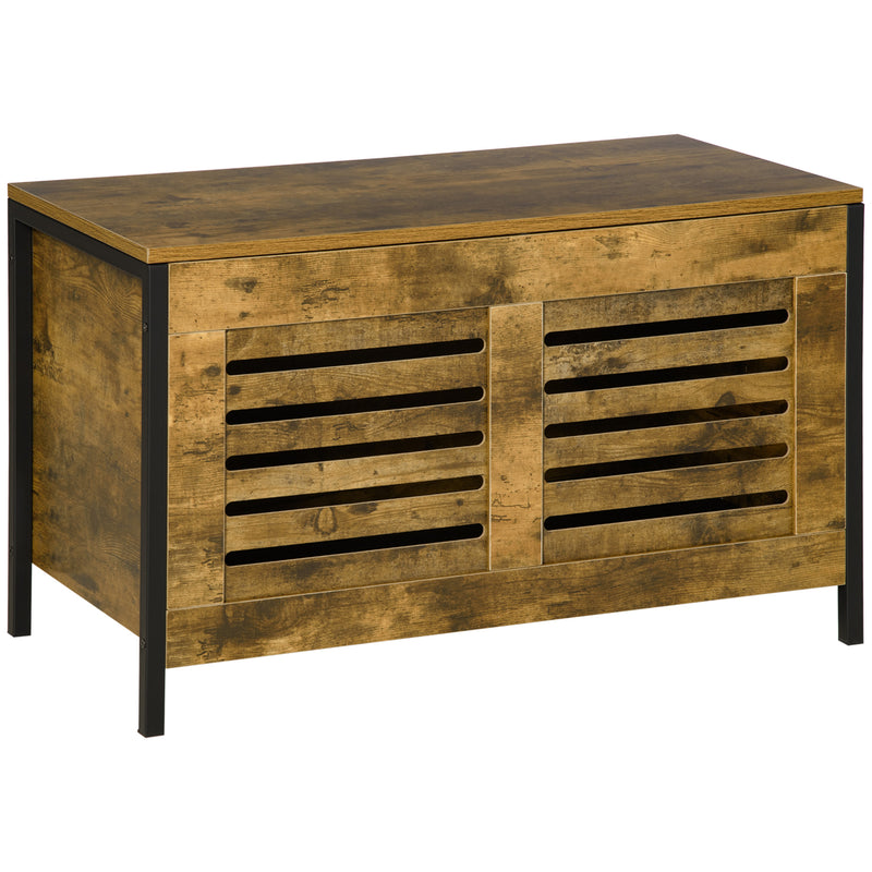 HOMCOM Louvred Storage Shoe Bench Chest with Lift Top for Bedroom, Rustic Brown