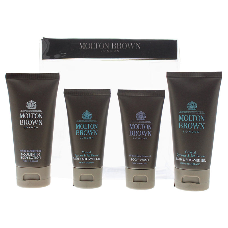 Molton Brown 4 Piece Gift Set: Coastal Cypress & Sea Fennel Shower Gel 30ml - White Sandalwood Body Lotion 50ml - White Sandalwood Body Wash 30ml - Co