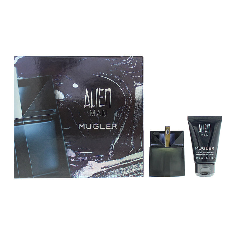 Mugler Alien Man 2 Piece Gift Set: Eau De Toilette 50ml Refillable Hair & Body Shampoo 50ml