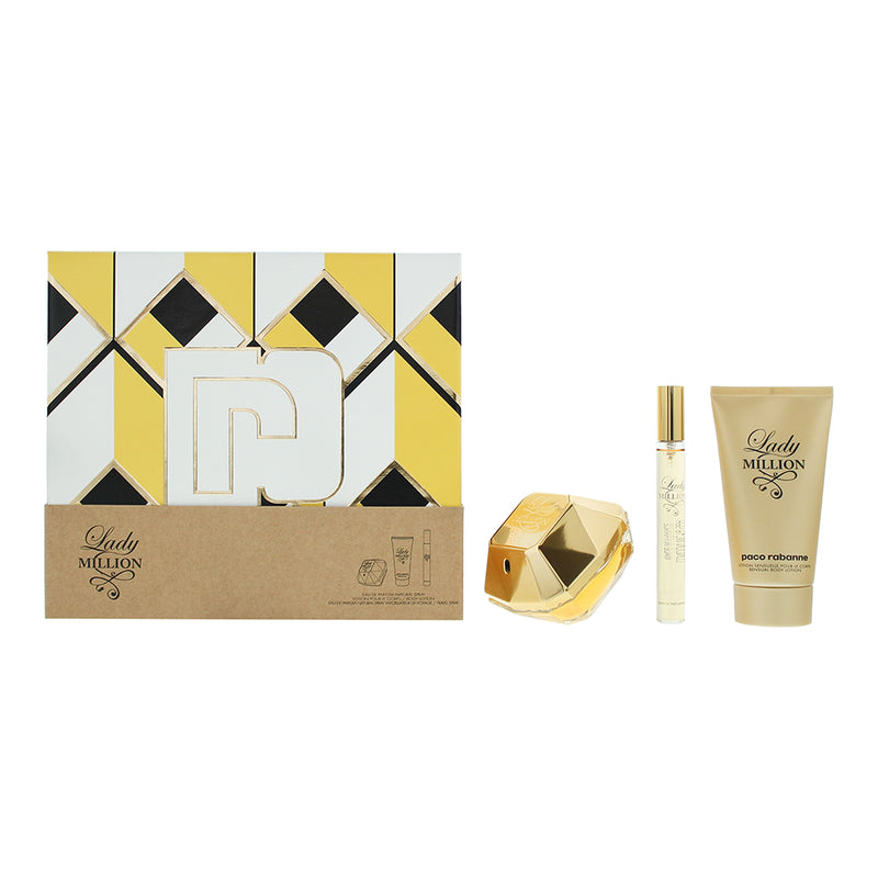 Paco Rabanne Lady Million 3 Piece Gift Set: Eau De Parfum 50ml - Eau De Parfum 10ml - Body Lotion 75ml