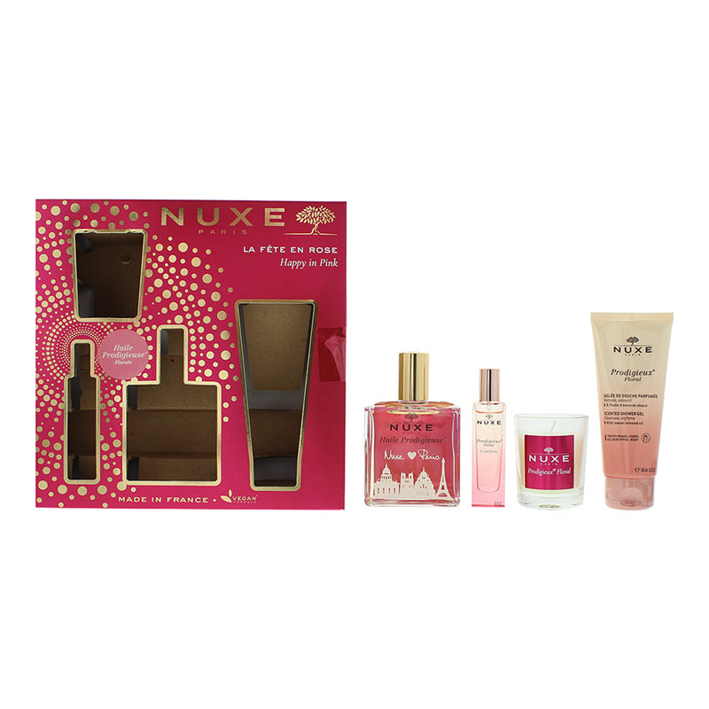 Nuxe Happy In Pink 4 Piece Gift Set: Body Oil 100ml - Scented Shower Gel 100ml - Floral Parfum 15ml - Candle 70g