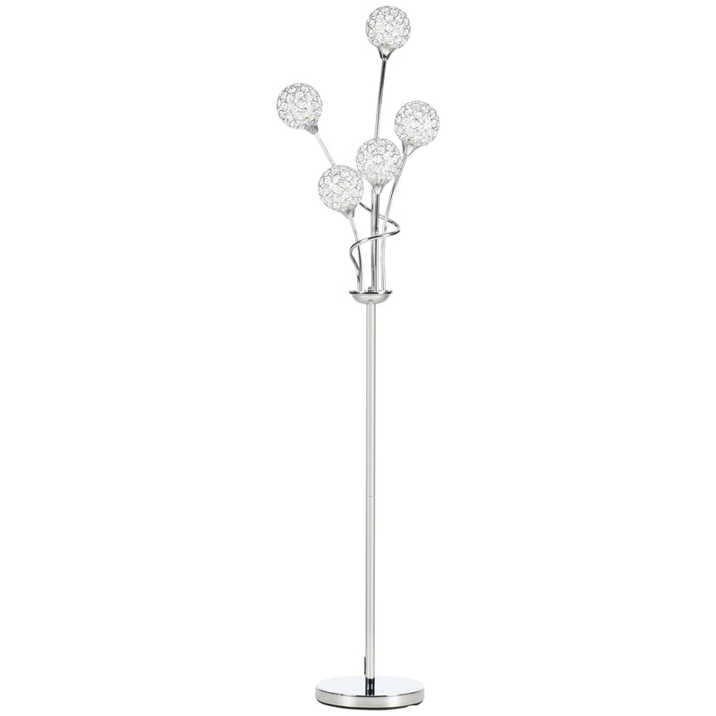 HOMCOM Silver Modern Floor Lamp w/ K9 Crystal Shade, 5 Light, for Living Room