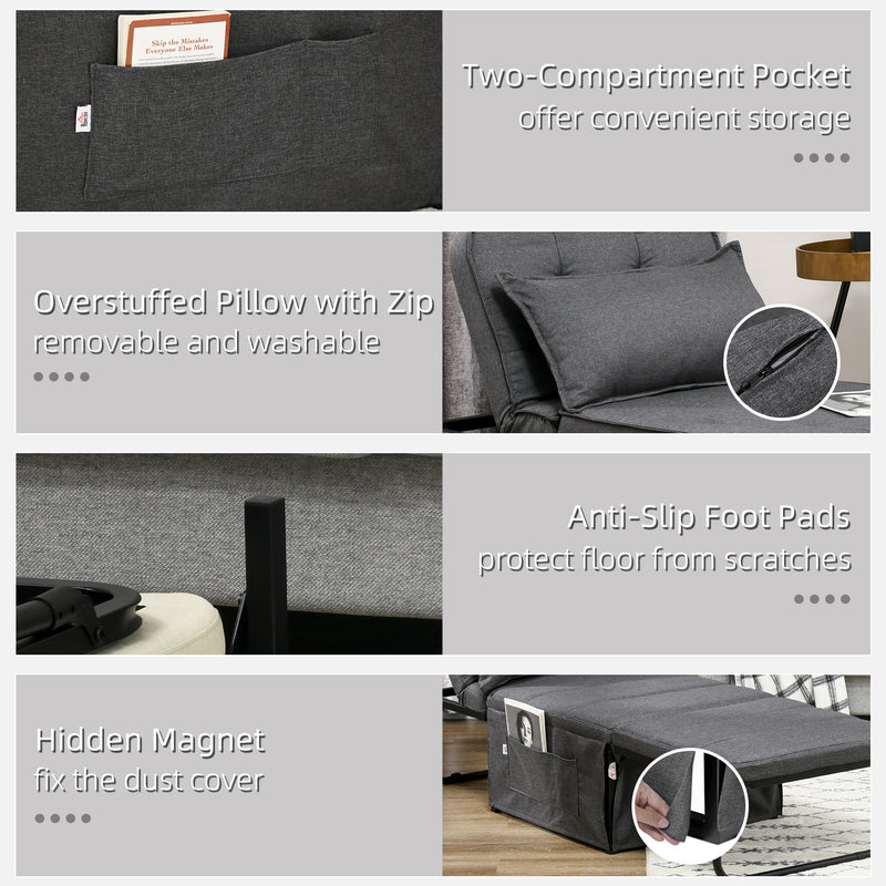 HOMCOM Folding Sleeper Chair Bed With Pillow And Side Pockets, Charcoal Grey