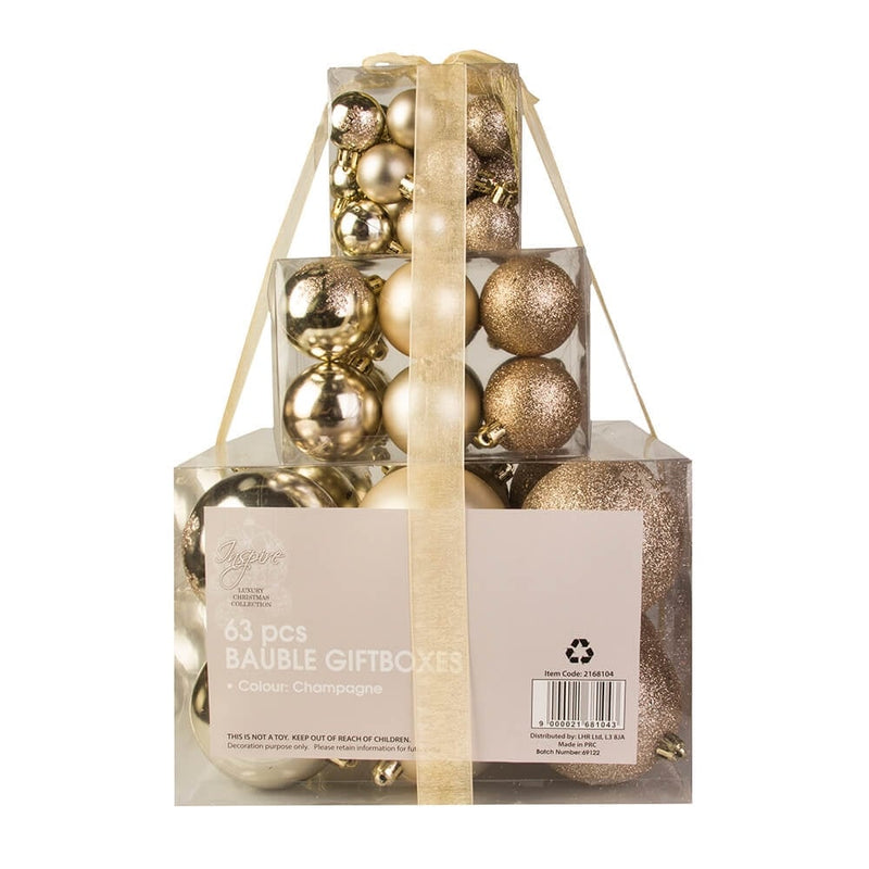 Christmas Sparkle Gift Box of 63 Baubles - Champagne