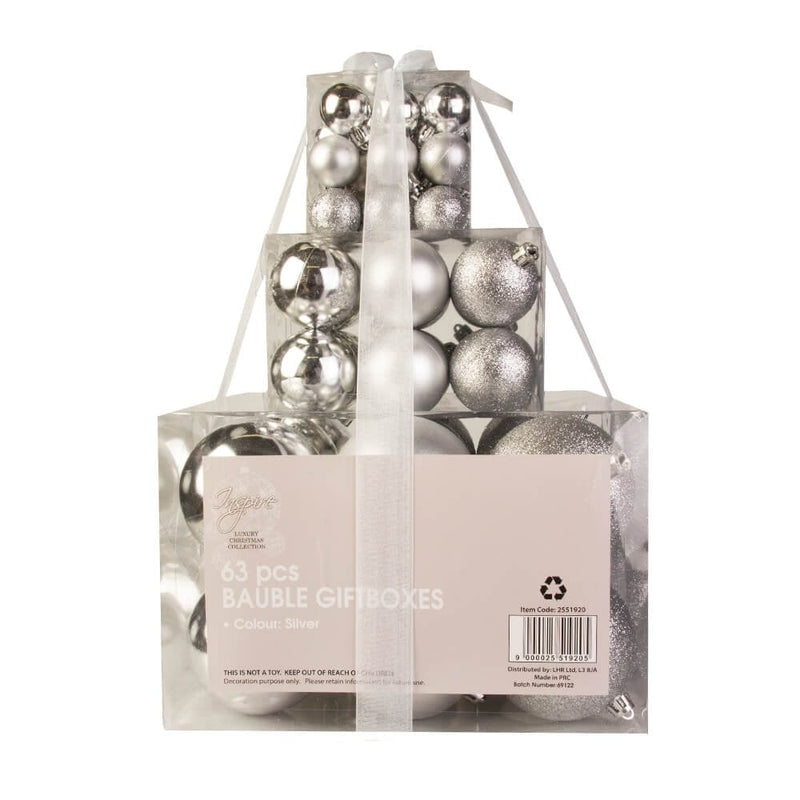 Christmas Sparkle Gift Box of 63 Baubles - Silver