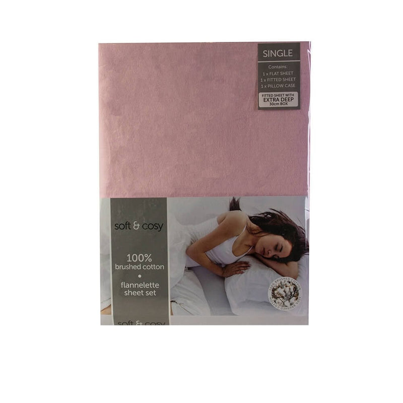 Lewis's Soft & Cosy Flannelette 140g Bed Sheet Set - Pink