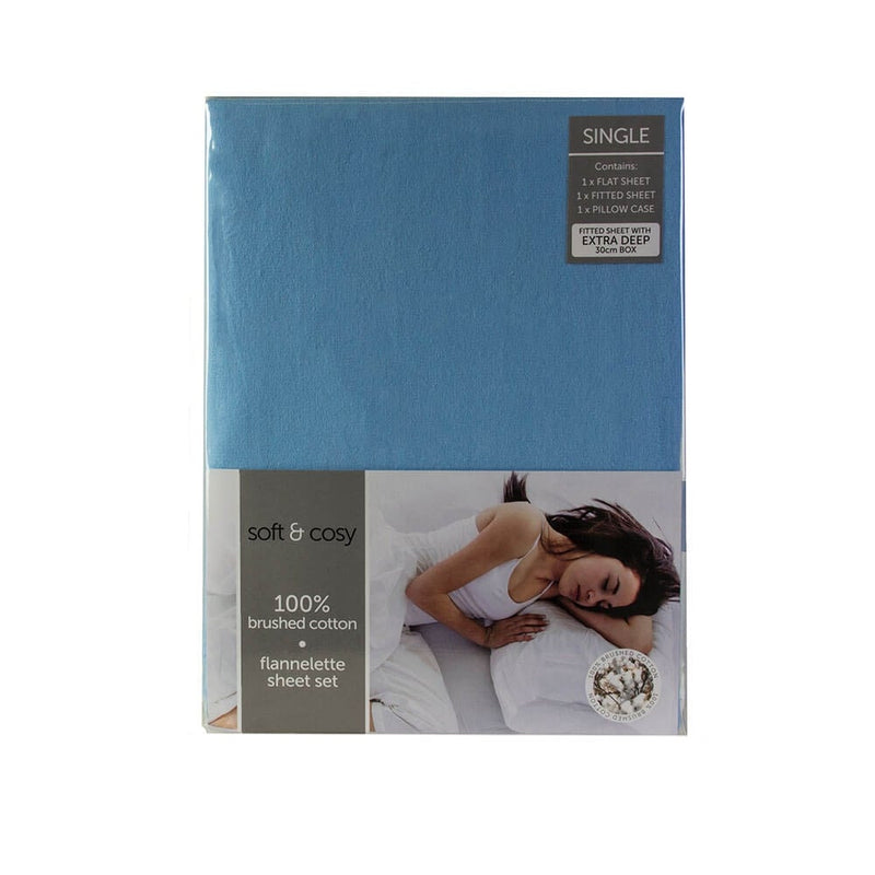 Lewis's Soft & Cosy Flannelette 140g Bed Sheet Set - Blue