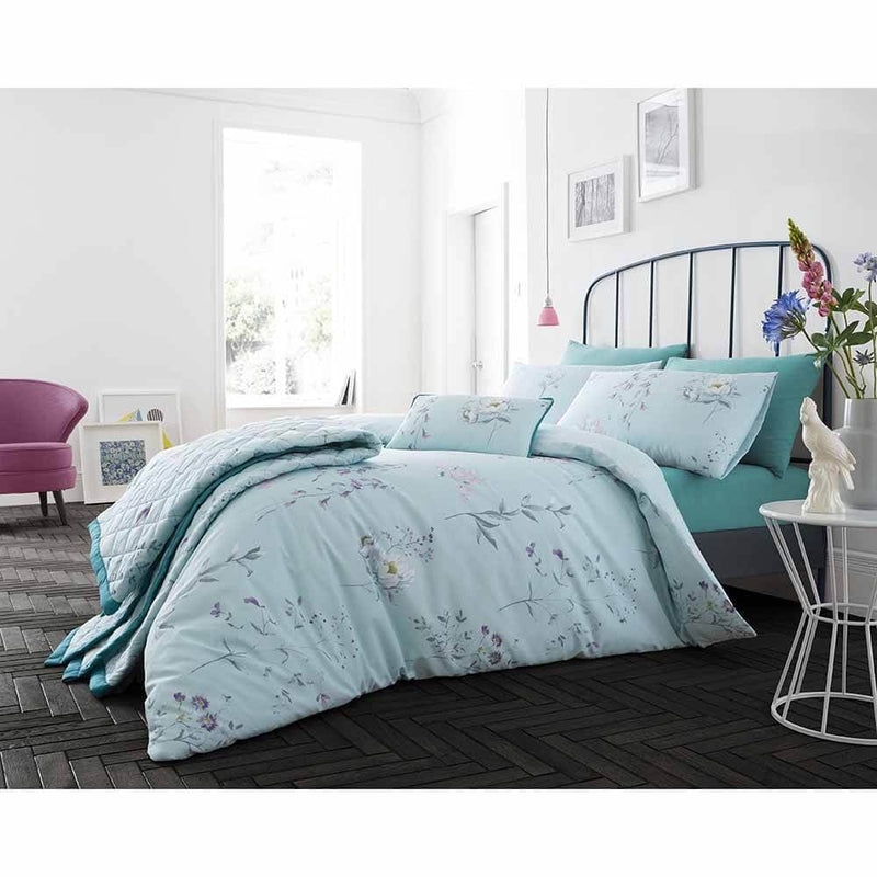 Pretty Botanical Duvet Cover Bedding Set - Duck Egg