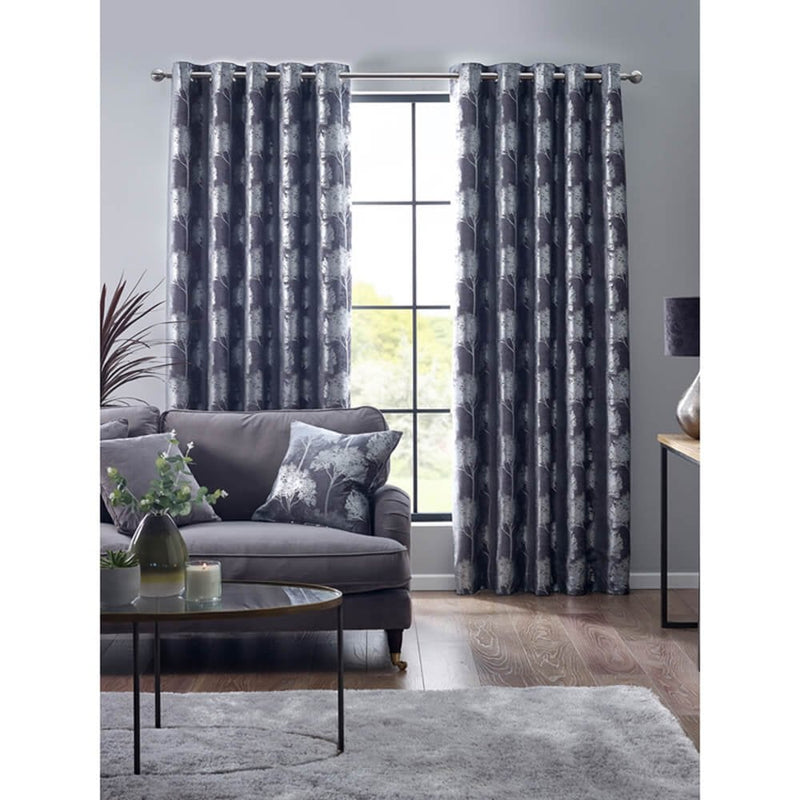 Orchard Foiled Pewter Eyelet Curtains
