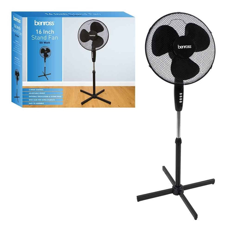 Quest 16 Inch Oscilating Stand Fan - Black