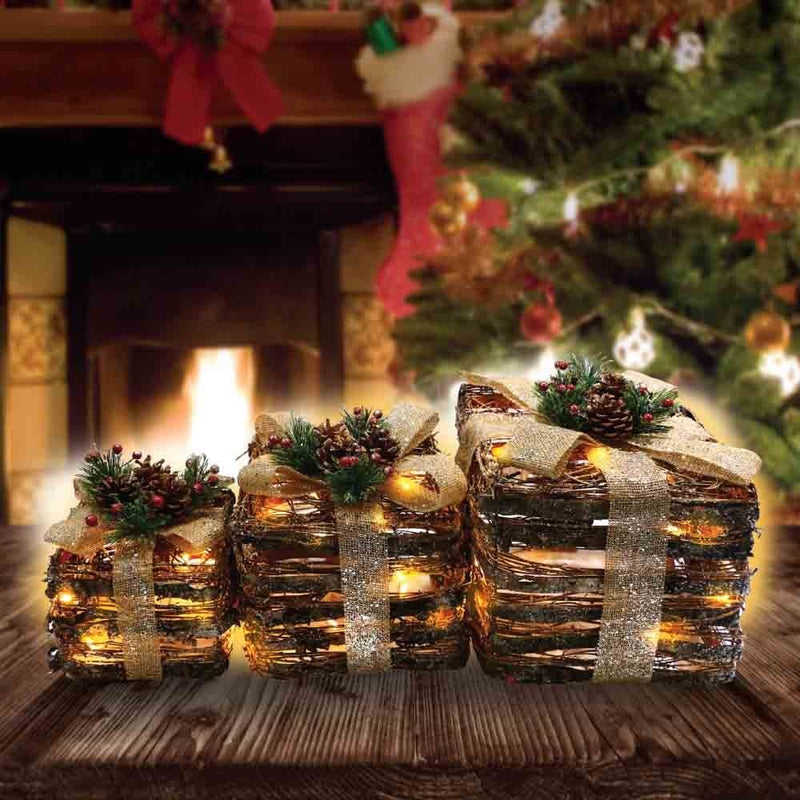 Christmas Sparkle Rattan Parcels with Bow x 3 Battery Operated with 40 Warm White LEDs