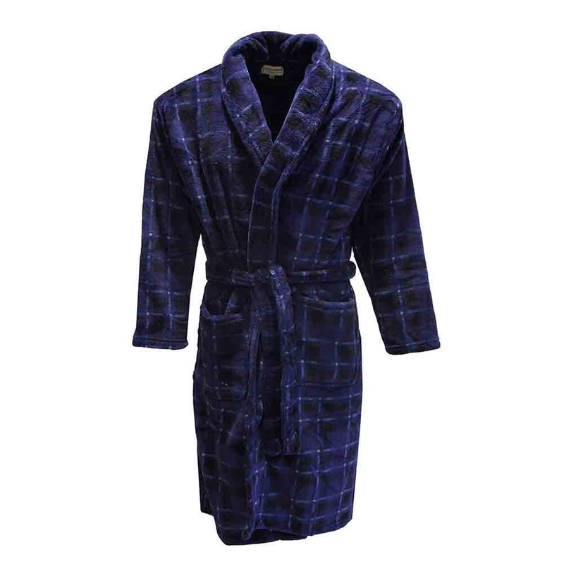 Mens Hutson Harbour Check Fleece Dressing Gown with Belt - Navy