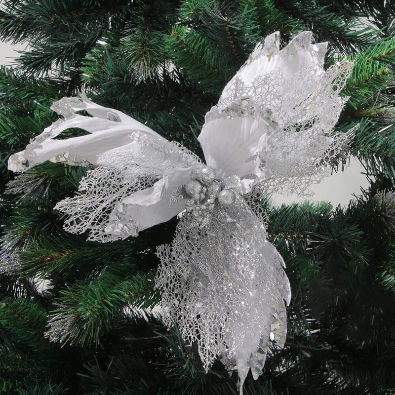 Luxury Stem Poinsettia Christmas Decoration - Silver