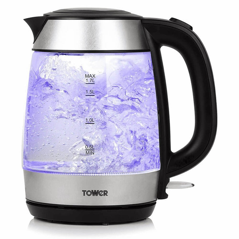 Tower 1.7L 3KW Illuminating Glass Kettle - Silver