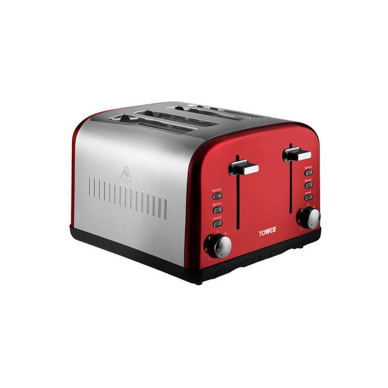 Tower 4 Slice Stainless Steel Toaster - Red