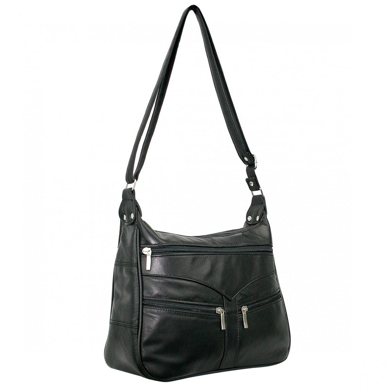 Women's Black Multi Zip Patch Leather Handbag