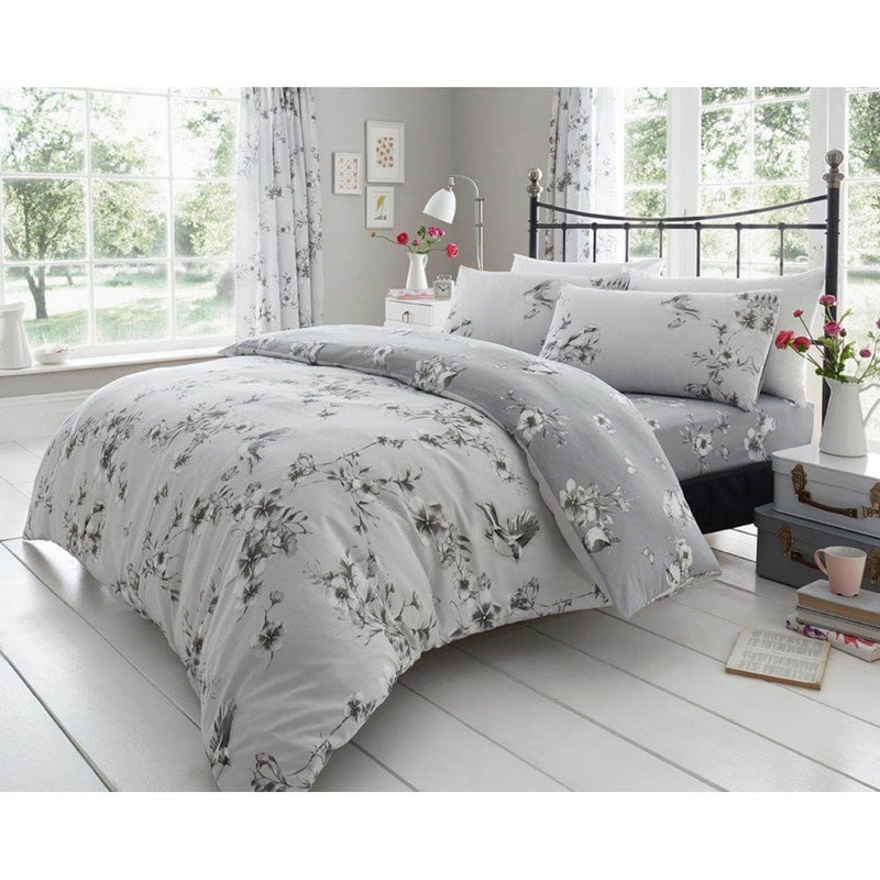 Birdie Blossom Duvet Cover Bedding Set - Grey
