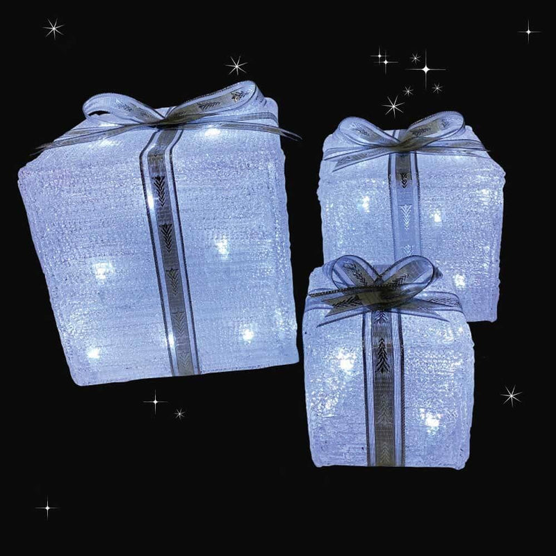 Christmas Sparkle Acrylic Gift Parcels Set of 3 with 60 White LEDS and Silver Bow