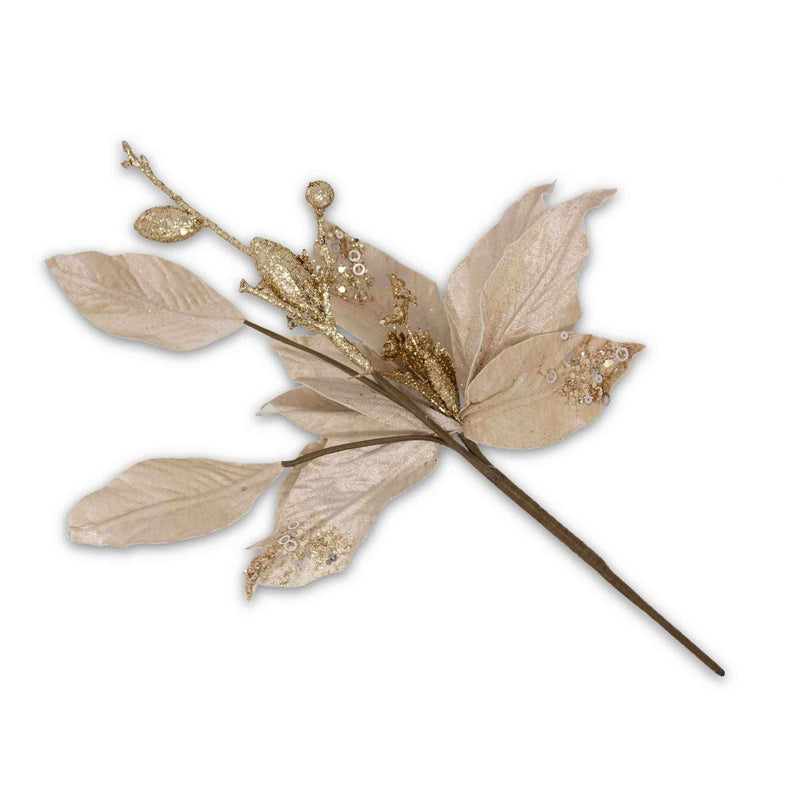 Christmas Sparkle Poinsettia Flower Decoration Stem Pick in Champagne