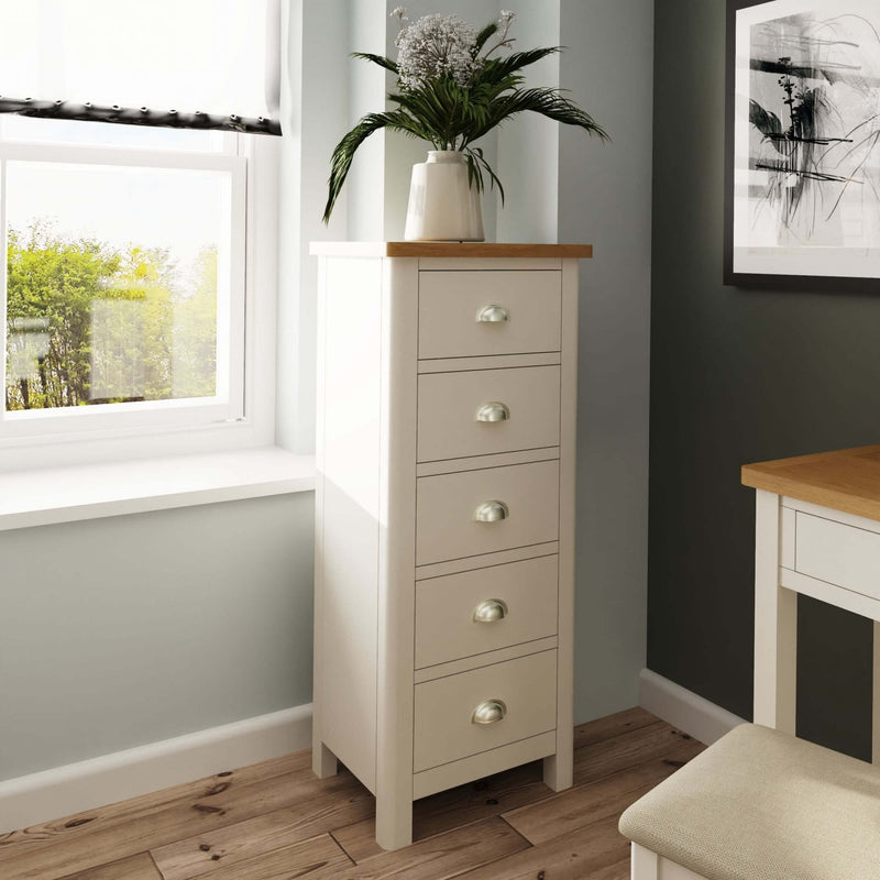 Beverley Dove Grey  Chest of 5 Drawers - Narrow 50 x 36 x 115 cm