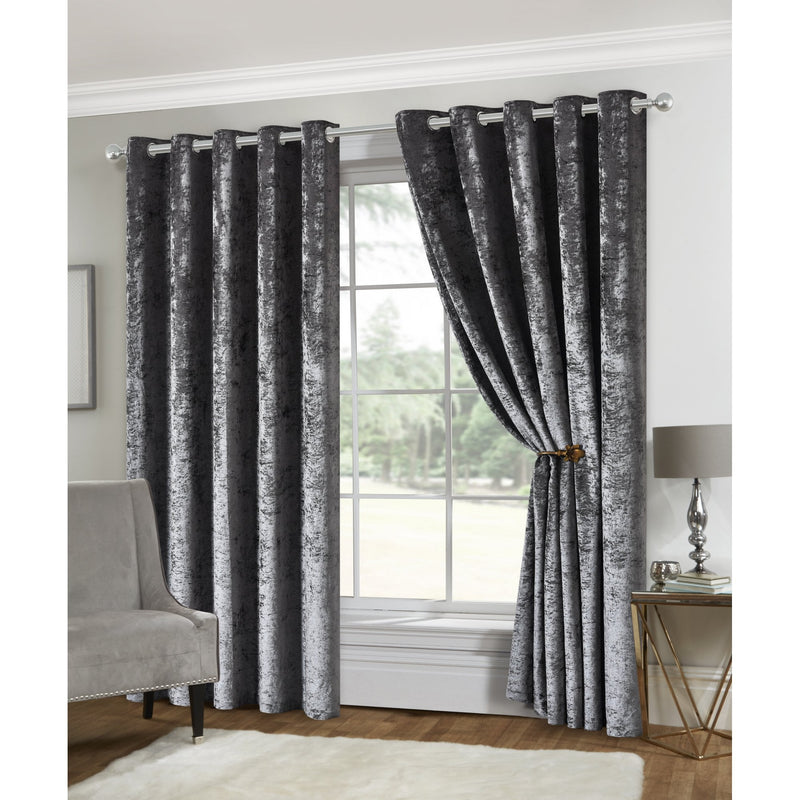 Amelia Eyelet Curtains - Crushed Velvet - Charcoal Grey